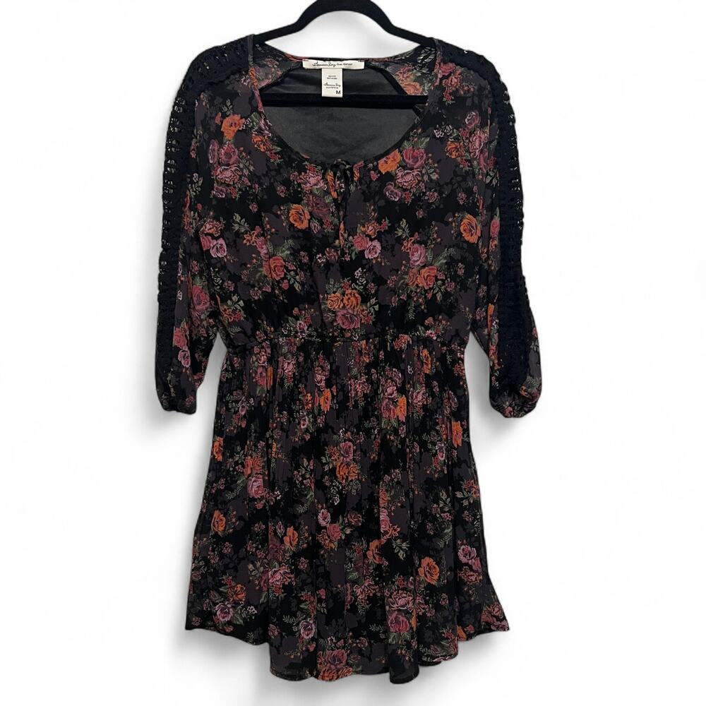 American Rag Size Medium Black Floral Short Dress Pleated Skirt Openwork Sleeve